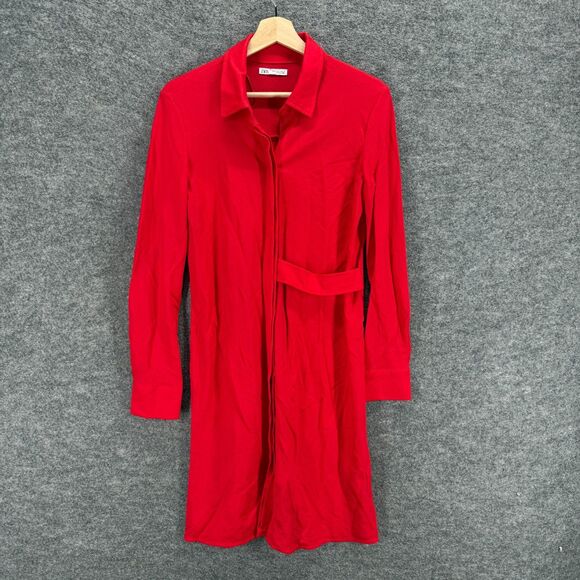 Zara Dresses & Skirts - Zara Shirt Dress Women S Small Red Midi Button Up Collared Long Sleeve Casual